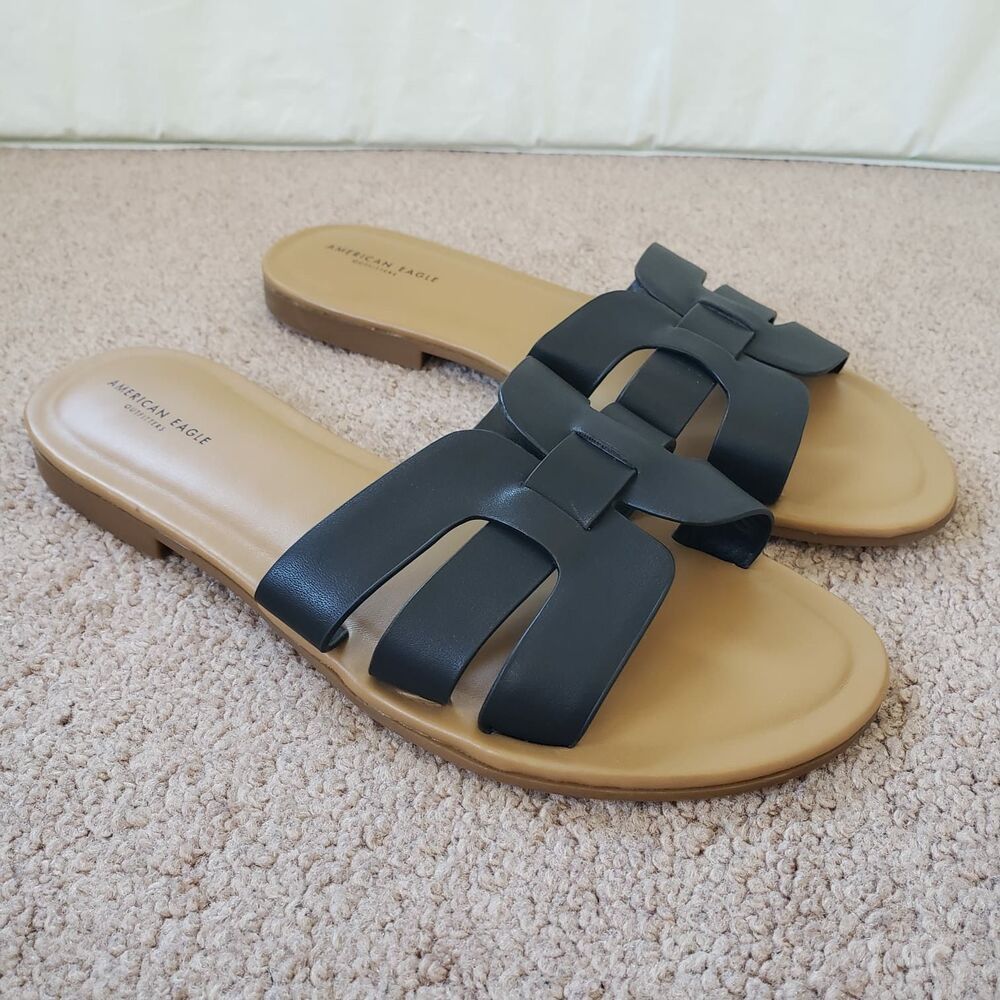American Eagle Outfitters Flat Slide Sandals Black Woven Top Strap Size US 7